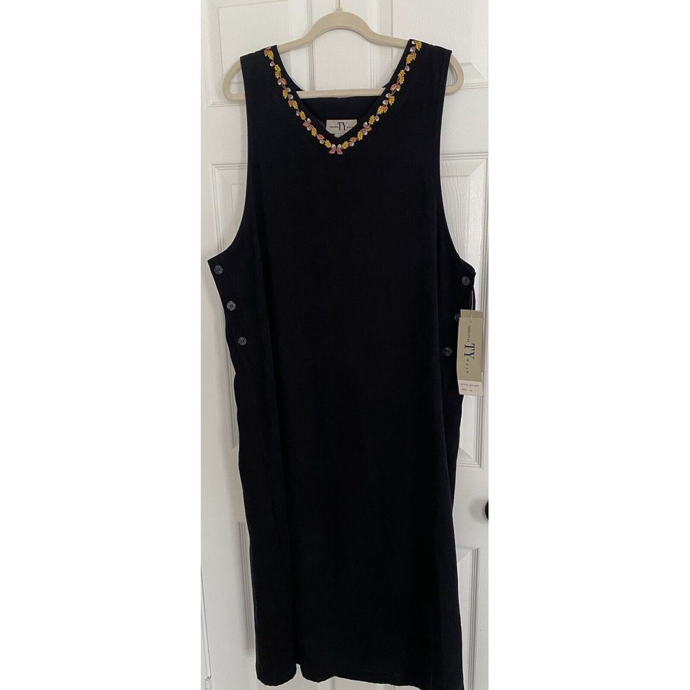 Original TY Wear Size 14 Black Boho Maxi Dress Side Buttons Leaf Detail VTG NWT